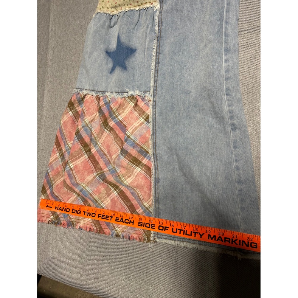 POL Patchwork Jeans Women Large Blue Star Plaid Floral Wide Leg Boho Denim - Picture 7 of 9